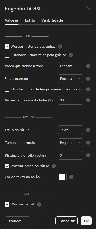 Tela de configurações gerais do indicador Engenho.IA RSI