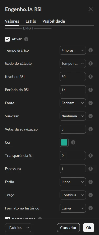 Tela de configurações de uma linha do indicador Engenho.IA RSI